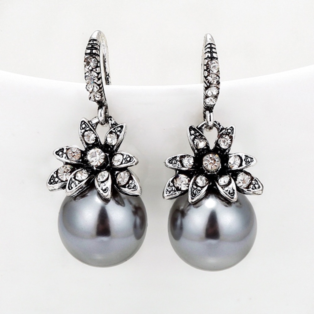 Marcasite Flowers w/CZs & Glass Pearl Earrings - Picture 2 of 7